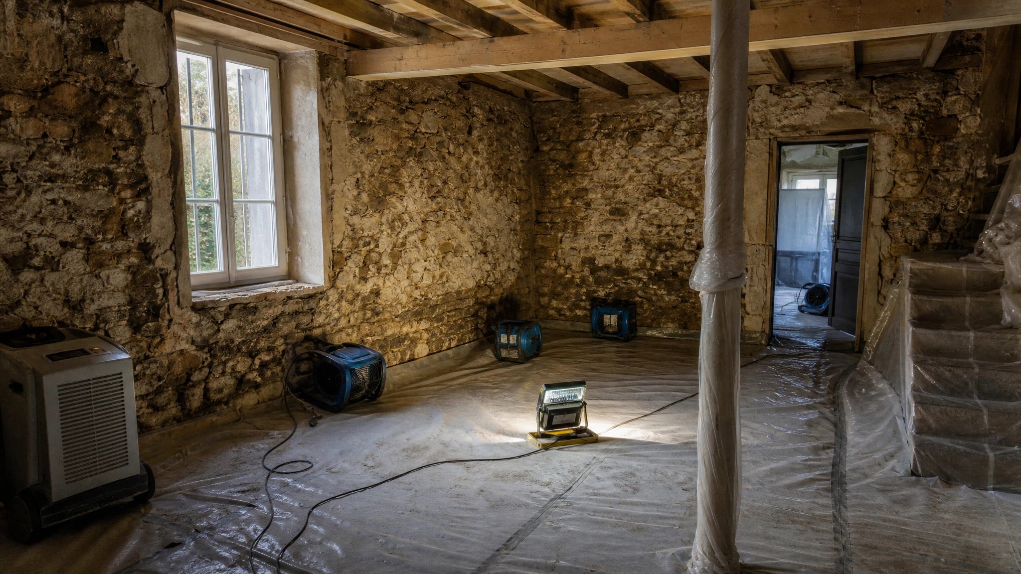 Assèchement des murs après inondation dans une maison girondine