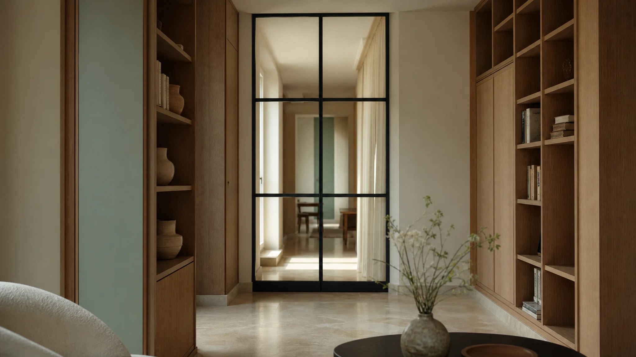 Aménagement intérieur sur mesure avec rangements et cloison vitrée, réalisation MARTI-amo