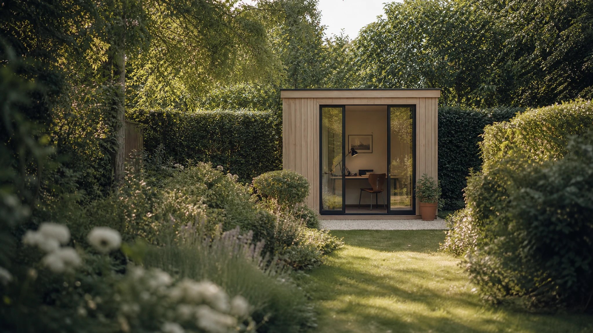 Studio de jardin en ossature bois installé dans un jardin girondin, projet MARTI-amo
