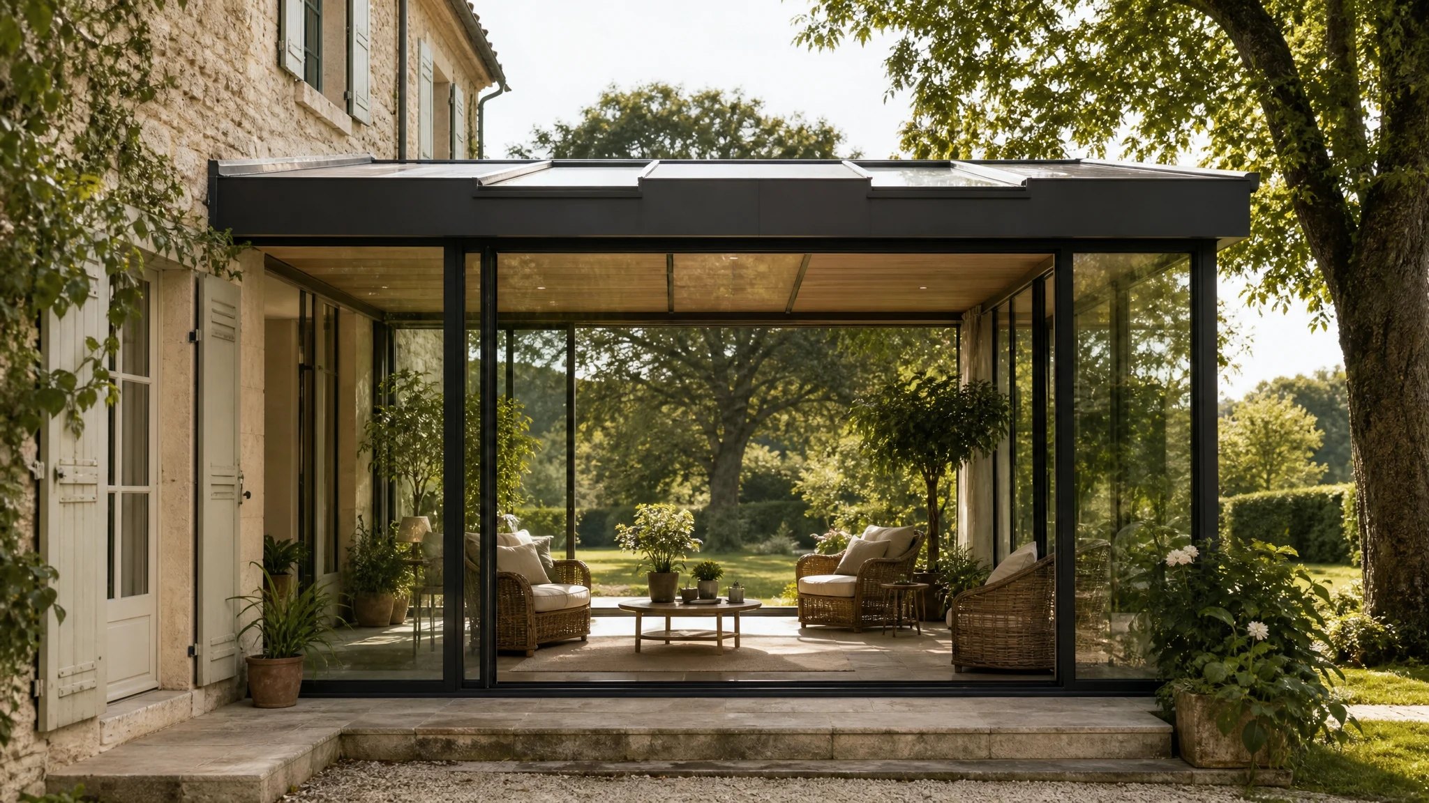Véranda contemporaine adossée à une maison girondine, chantier MARTI-amo